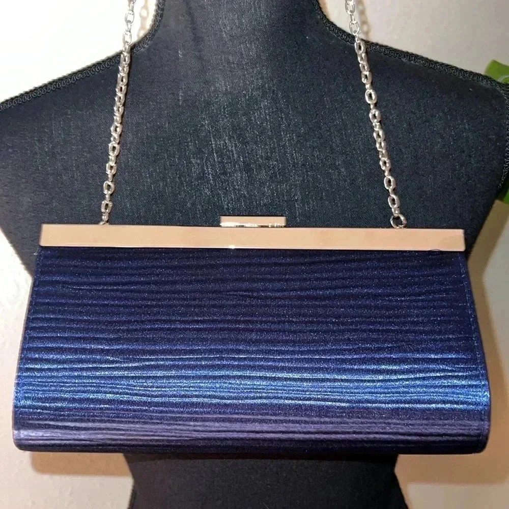 Midnight Blue Women’s Wave Pleated Silver Tone Evening Clutch Bag Purse - Picture 13 of 15
